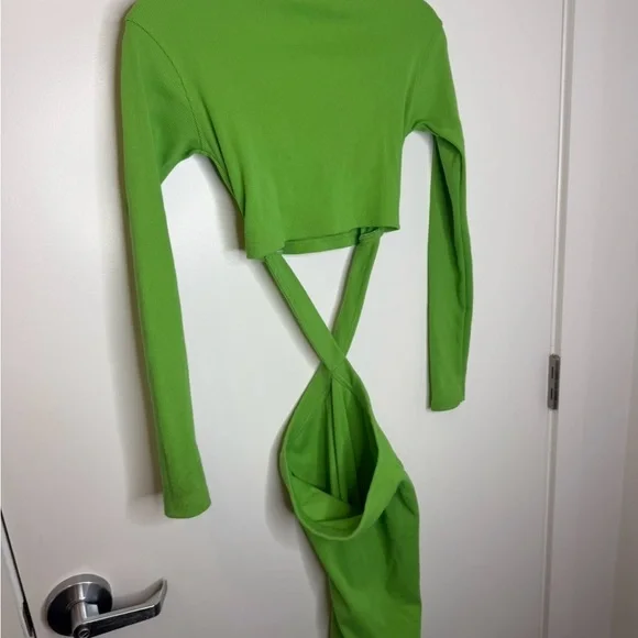 NASTY GAL Long Sleeve Dress Womens 4 S Green Ribbed Knit Maxi Bodycon Cutout Y2K - Picture 8 of 8
